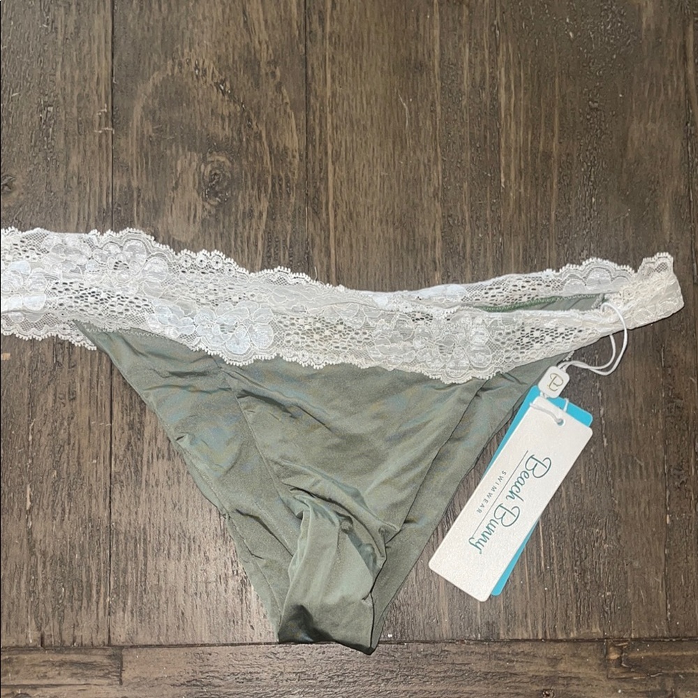 Beach Bunny Olive Green Bikini Bottom with White Lace Trim NWT